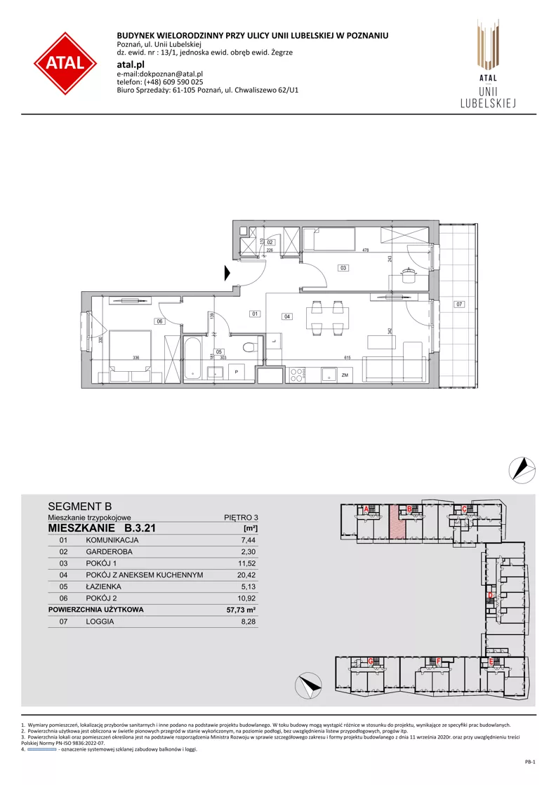 3 pokoje, mieszkanie 57,73 m², piętro 3, oferta nr B.3.21, ATAL Unii Lubelskiej, Poznań, Rataje, Starołęka, ul. Heleny Tadeuszak