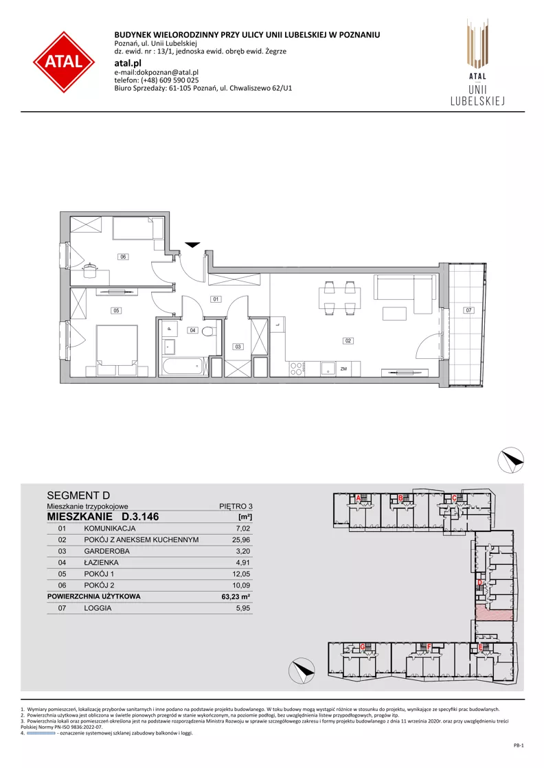 3 pokoje, mieszkanie 63,23 m², piętro 3, oferta nr D.3.146, ATAL Unii Lubelskiej, Poznań, Rataje, Starołęka, ul. Heleny Tadeuszak