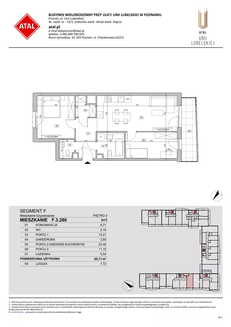 3 pokoje, mieszkanie 65,11 m², piętro 3, oferta nr F.3.280, ATAL Unii Lubelskiej, Poznań, Rataje, Starołęka, ul. Heleny Tadeuszak