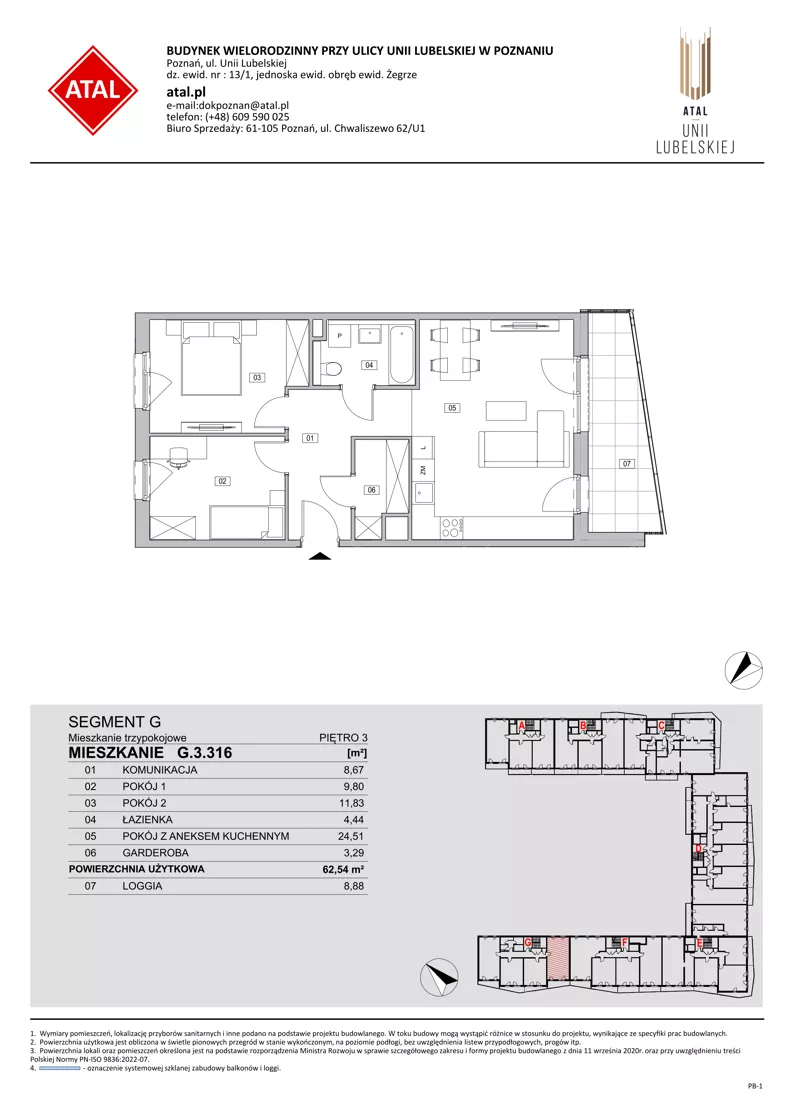 3 pokoje, mieszkanie 62,54 m², piętro 3, oferta nr G.3.316, ATAL Unii Lubelskiej, Poznań, Rataje, Starołęka, ul. Heleny Tadeuszak