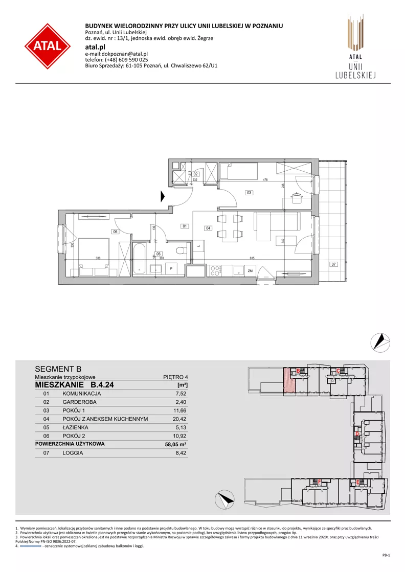 3 pokoje, mieszkanie 58,05 m², piętro 4, oferta nr B.4.24, ATAL Unii Lubelskiej, Poznań, Rataje, Starołęka, ul. Heleny Tadeuszak
