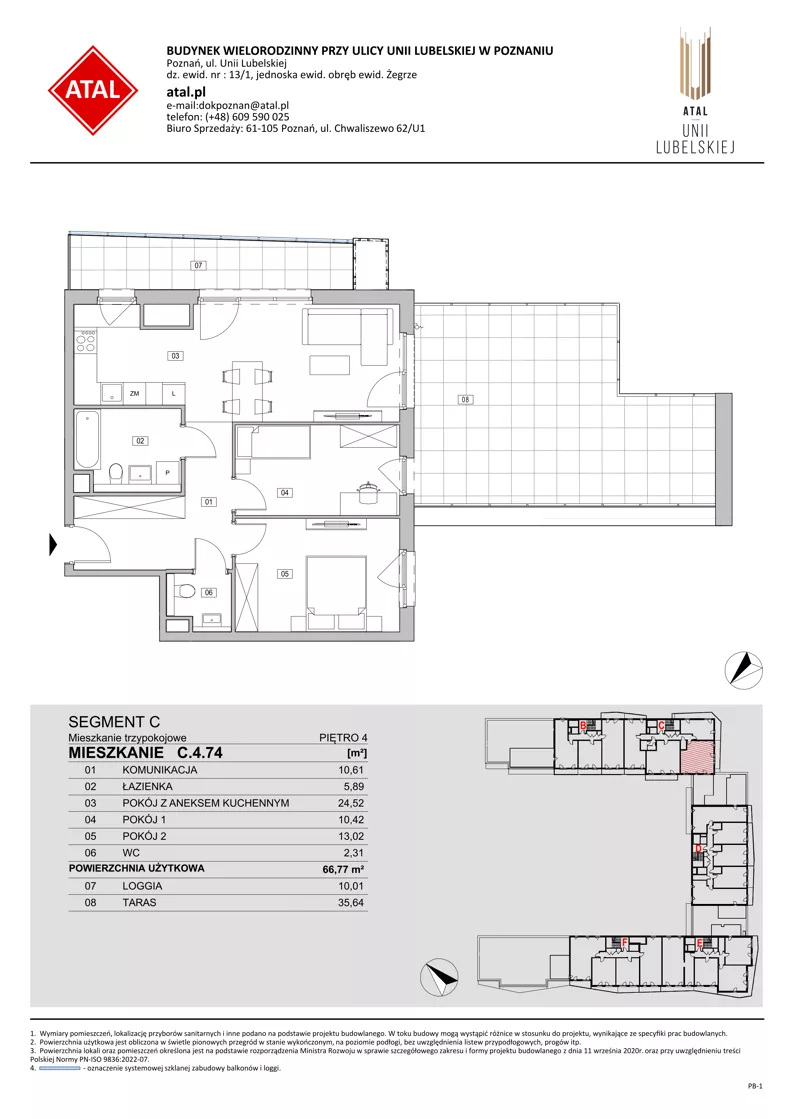 3 pokoje, mieszkanie 66,77 m², piętro 4, oferta nr C.4.74, ATAL Unii Lubelskiej, Poznań, Rataje, Starołęka, ul. Heleny Tadeuszak