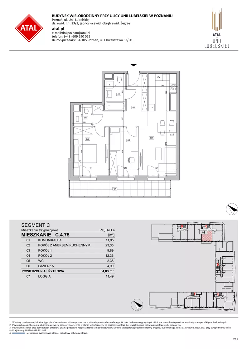 3 pokoje, mieszkanie 64,83 m², piętro 4, oferta nr C.4.75, ATAL Unii Lubelskiej, Poznań, Rataje, Starołęka, ul. Heleny Tadeuszak