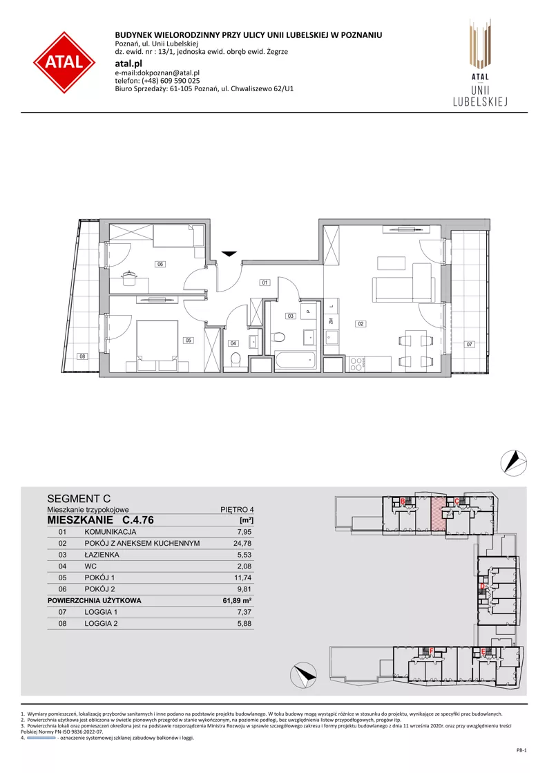 3 pokoje, mieszkanie 61,89 m², piętro 4, oferta nr C.4.76, ATAL Unii Lubelskiej, Poznań, Rataje, Starołęka, ul. Heleny Tadeuszak