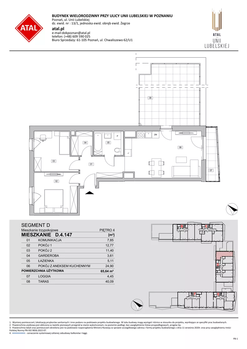 3 pokoje, mieszkanie 65,64 m², piętro 4, oferta nr D.4.147, ATAL Unii Lubelskiej, Poznań, Rataje, Starołęka, ul. Heleny Tadeuszak