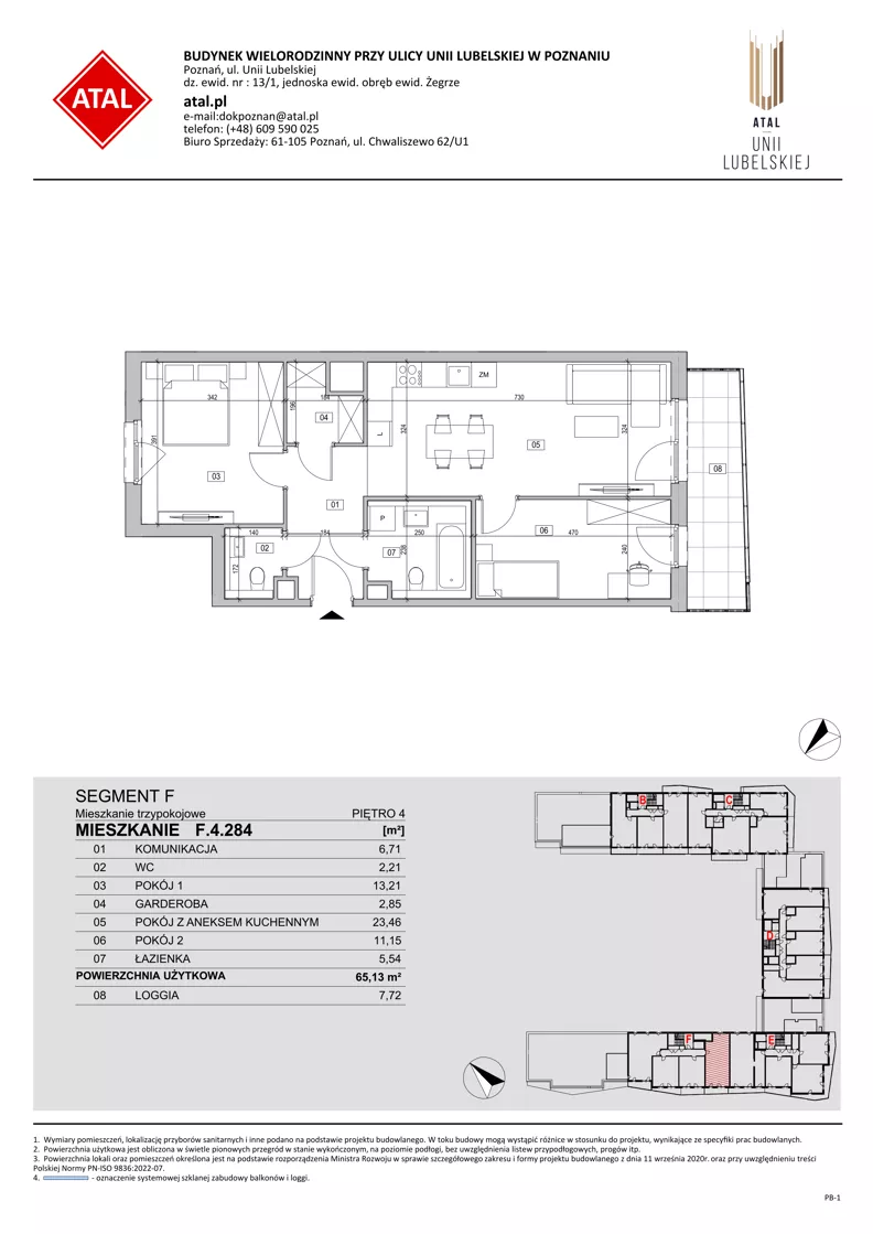 3 pokoje, mieszkanie 65,13 m², piętro 4, oferta nr F.4.284, ATAL Unii Lubelskiej, Poznań, Rataje, Starołęka, ul. Heleny Tadeuszak