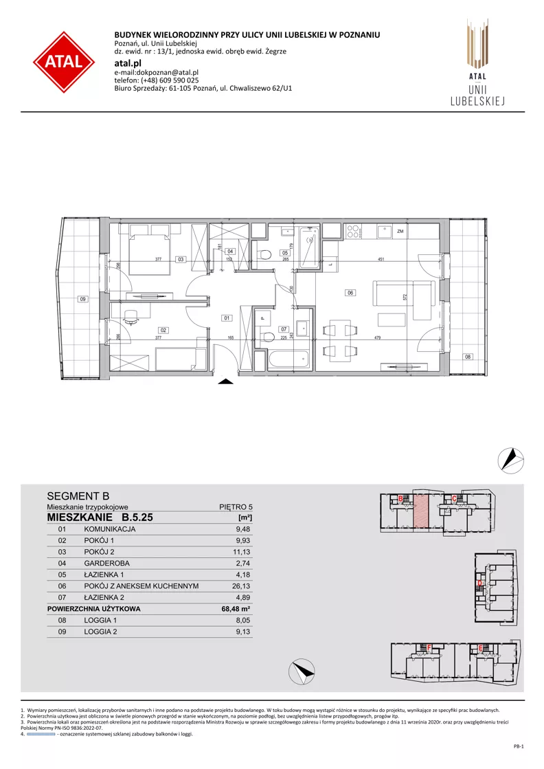 3 pokoje, mieszkanie 68,48 m², piętro 5, oferta nr B.5.25, ATAL Unii Lubelskiej, Poznań, Rataje, Starołęka, ul. Heleny Tadeuszak