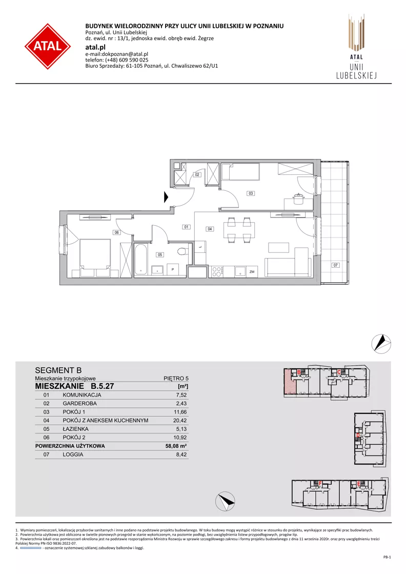 3 pokoje, mieszkanie 58,08 m², piętro 5, oferta nr B.5.27, ATAL Unii Lubelskiej, Poznań, Rataje, Starołęka, ul. Heleny Tadeuszak