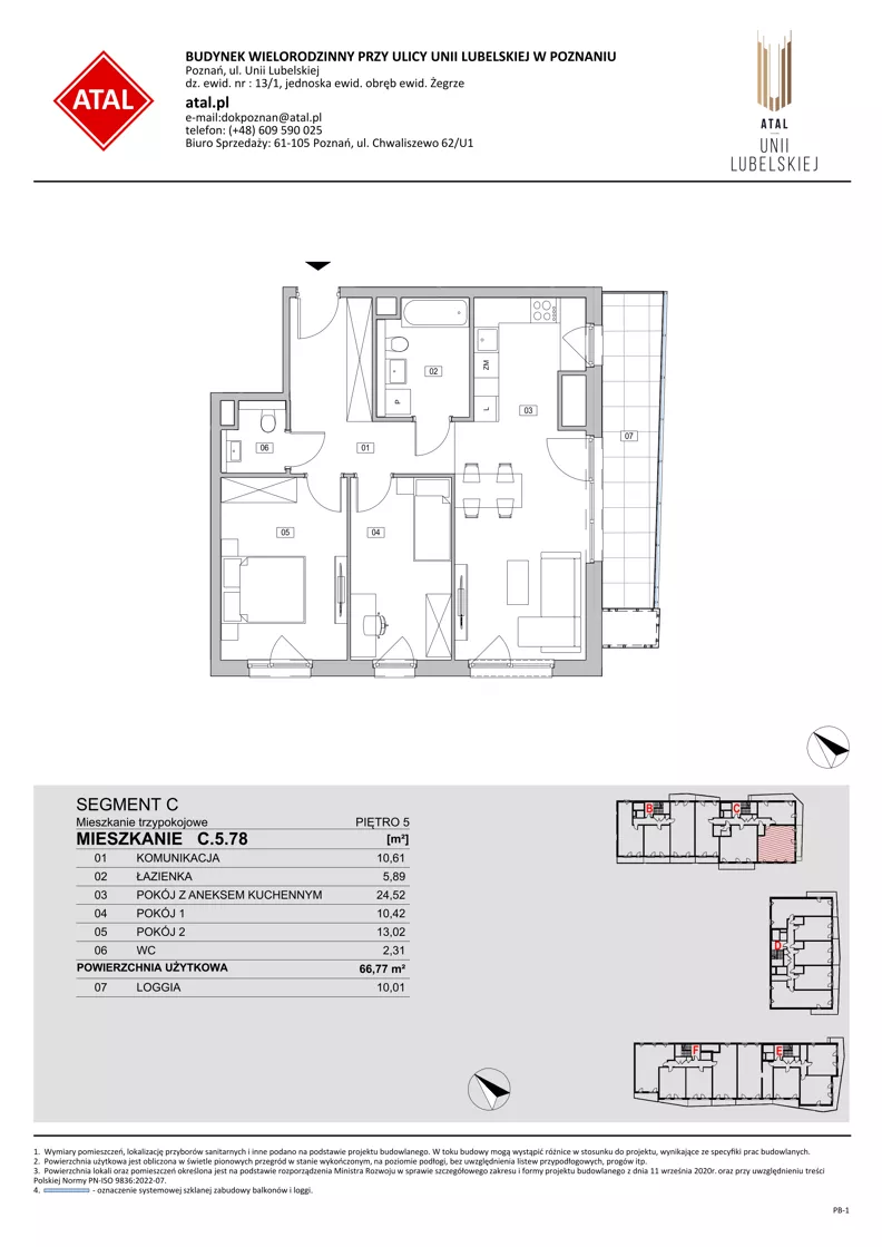 3 pokoje, mieszkanie 66,77 m², piętro 5, oferta nr C.5.78, ATAL Unii Lubelskiej, Poznań, Rataje, Starołęka, ul. Heleny Tadeuszak