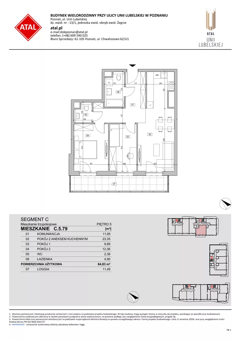 3 pokoje, mieszkanie 64,83 m², piętro 5, oferta nr C.5.79, ATAL Unii Lubelskiej, Poznań, Rataje, Starołęka, ul. Heleny Tadeuszak
