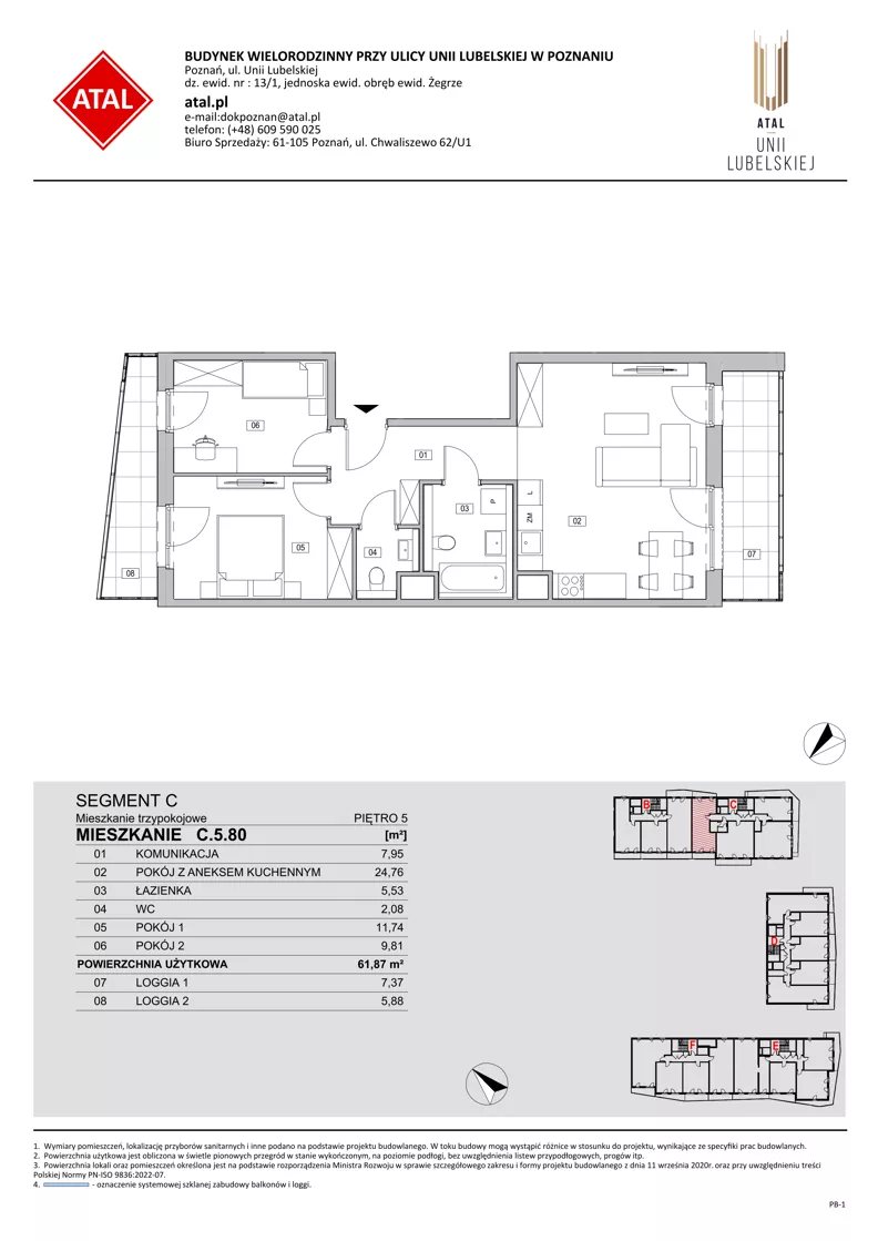 3 pokoje, mieszkanie 61,87 m², piętro 5, oferta nr C.5.80, ATAL Unii Lubelskiej, Poznań, Rataje, Starołęka, ul. Heleny Tadeuszak