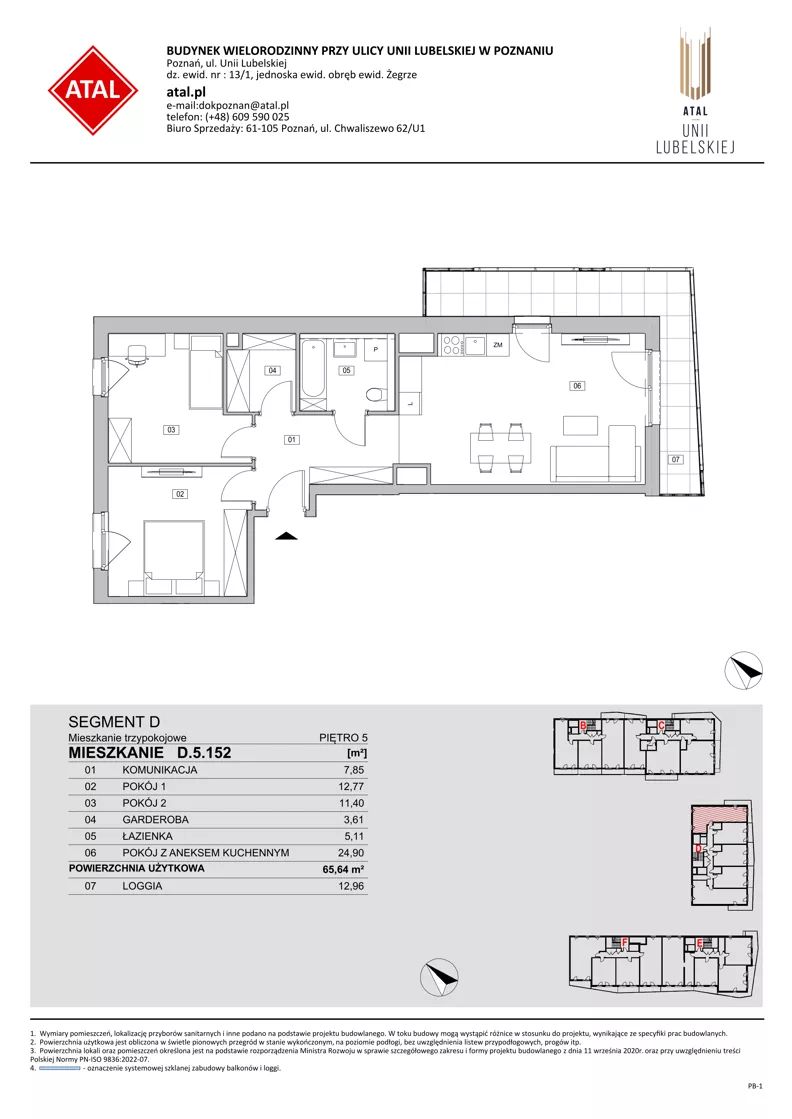 3 pokoje, mieszkanie 65,64 m², piętro 5, oferta nr D.5.152, ATAL Unii Lubelskiej, Poznań, Rataje, Starołęka, ul. Heleny Tadeuszak