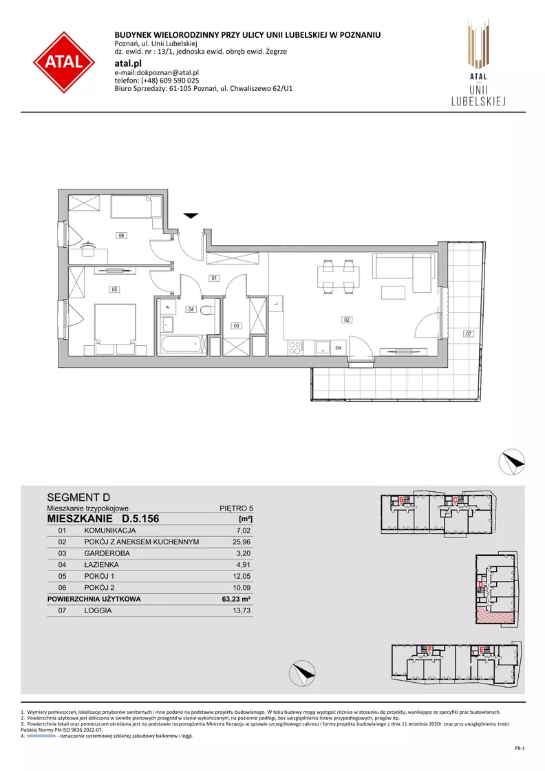 3 pokoje, mieszkanie 63,23 m², piętro 5, oferta nr D.5.156, ATAL Unii Lubelskiej, Poznań, Rataje, Starołęka, ul. Heleny Tadeuszak