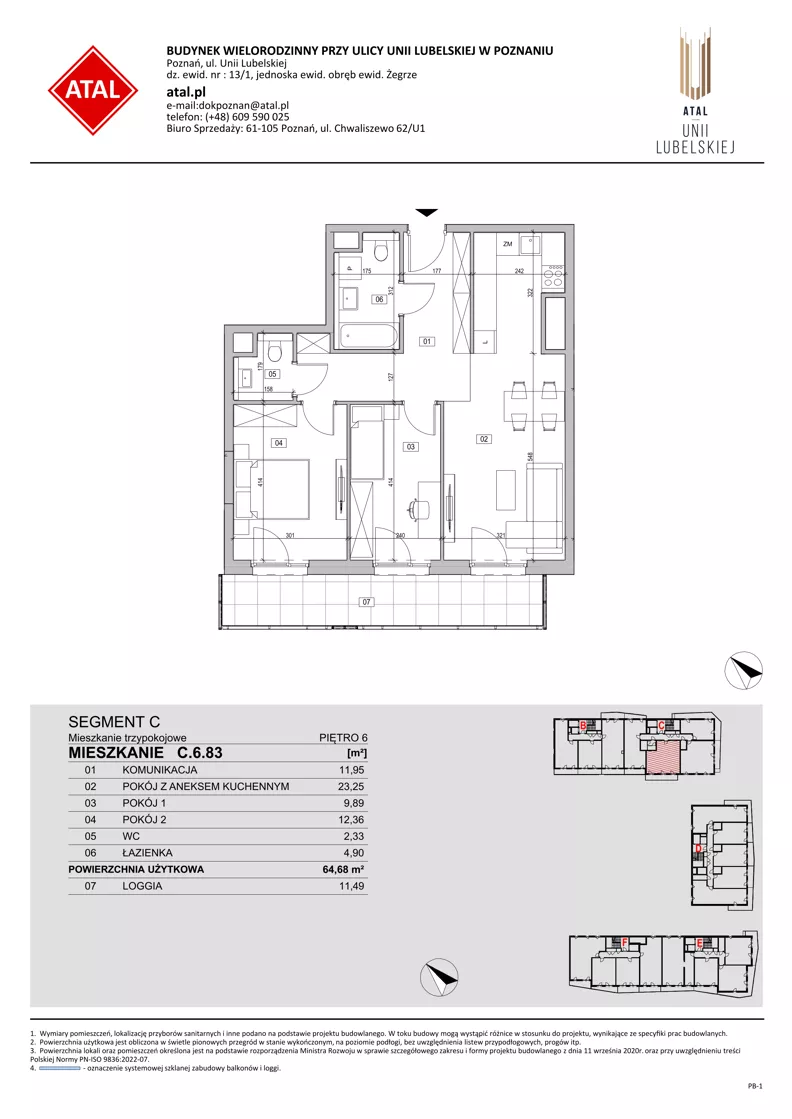 3 pokoje, mieszkanie 64,68 m², piętro 6, oferta nr C.6.83, ATAL Unii Lubelskiej, Poznań, Rataje, Starołęka, ul. Heleny Tadeuszak