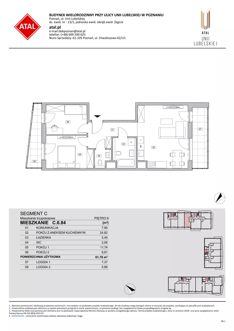 3 pokoje, mieszkanie 61,78 m², piętro 6, oferta nr C.6.84, ATAL Unii Lubelskiej, Poznań, Rataje, Starołęka, ul. Heleny Tadeuszak