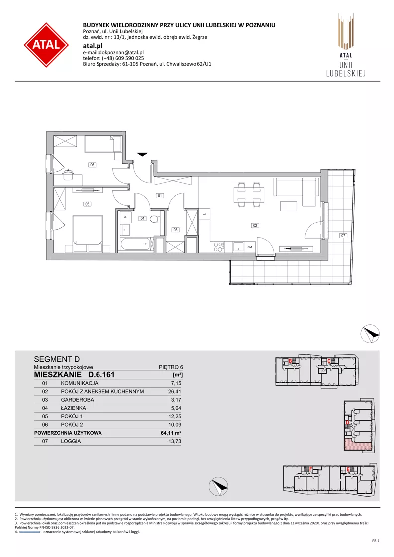 3 pokoje, mieszkanie 64,11 m², piętro 6, oferta nr D.6.161, ATAL Unii Lubelskiej, Poznań, Rataje, Starołęka, ul. Heleny Tadeuszak