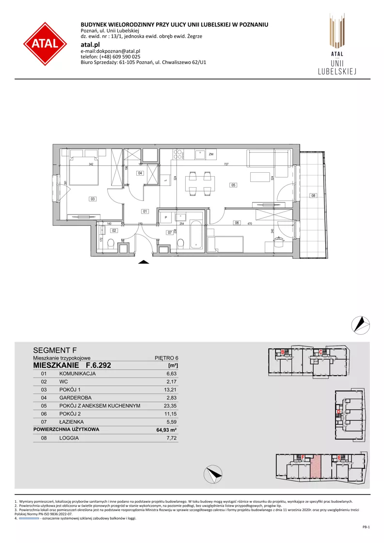 3 pokoje, mieszkanie 64,93 m², piętro 6, oferta nr F.6.292, ATAL Unii Lubelskiej, Poznań, Rataje, Starołęka, ul. Heleny Tadeuszak