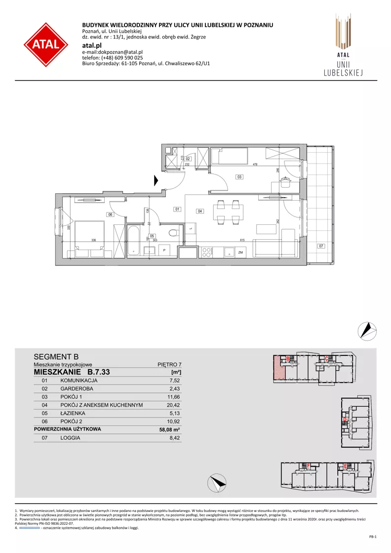 3 pokoje, mieszkanie 58,08 m², piętro 7, oferta nr B.7.33, ATAL Unii Lubelskiej, Poznań, Rataje, Starołęka, ul. Heleny Tadeuszak