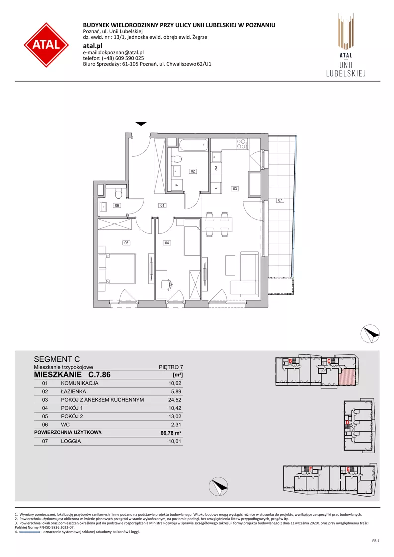 3 pokoje, mieszkanie 66,78 m², piętro 7, oferta nr C.7.86, ATAL Unii Lubelskiej, Poznań, Rataje, Starołęka, ul. Heleny Tadeuszak
