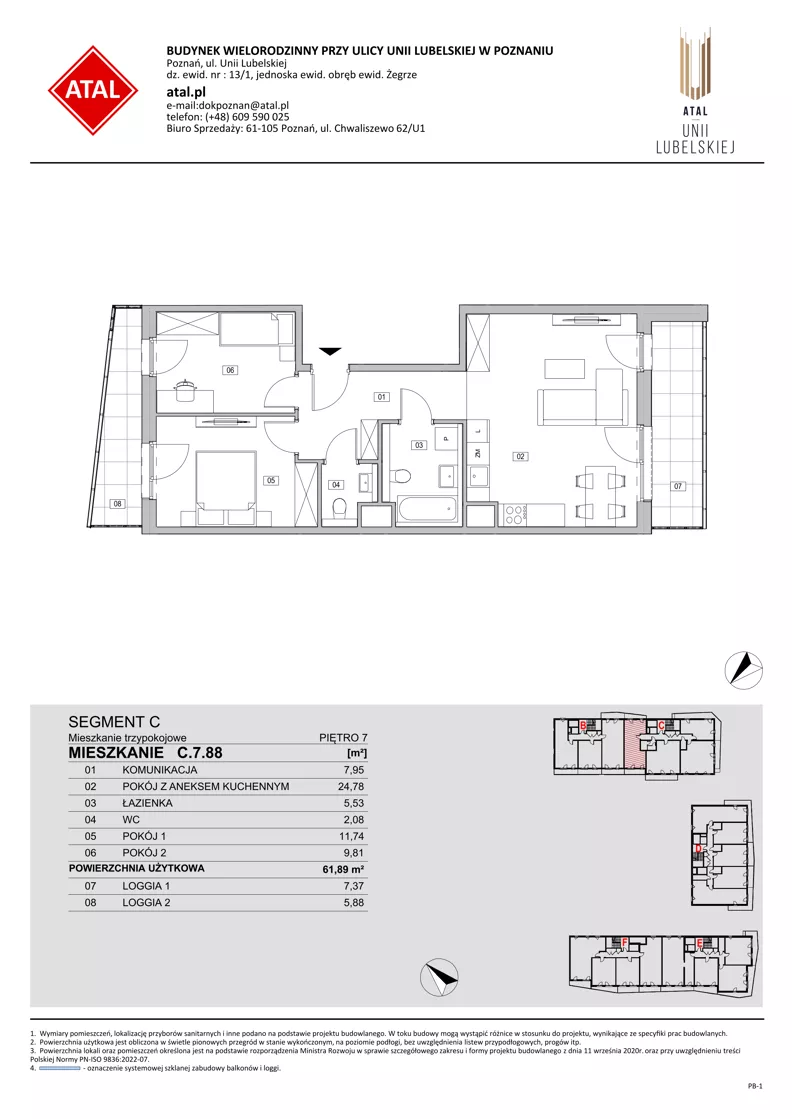 3 pokoje, mieszkanie 61,89 m², piętro 7, oferta nr C.7.88, ATAL Unii Lubelskiej, Poznań, Rataje, Starołęka, ul. Heleny Tadeuszak