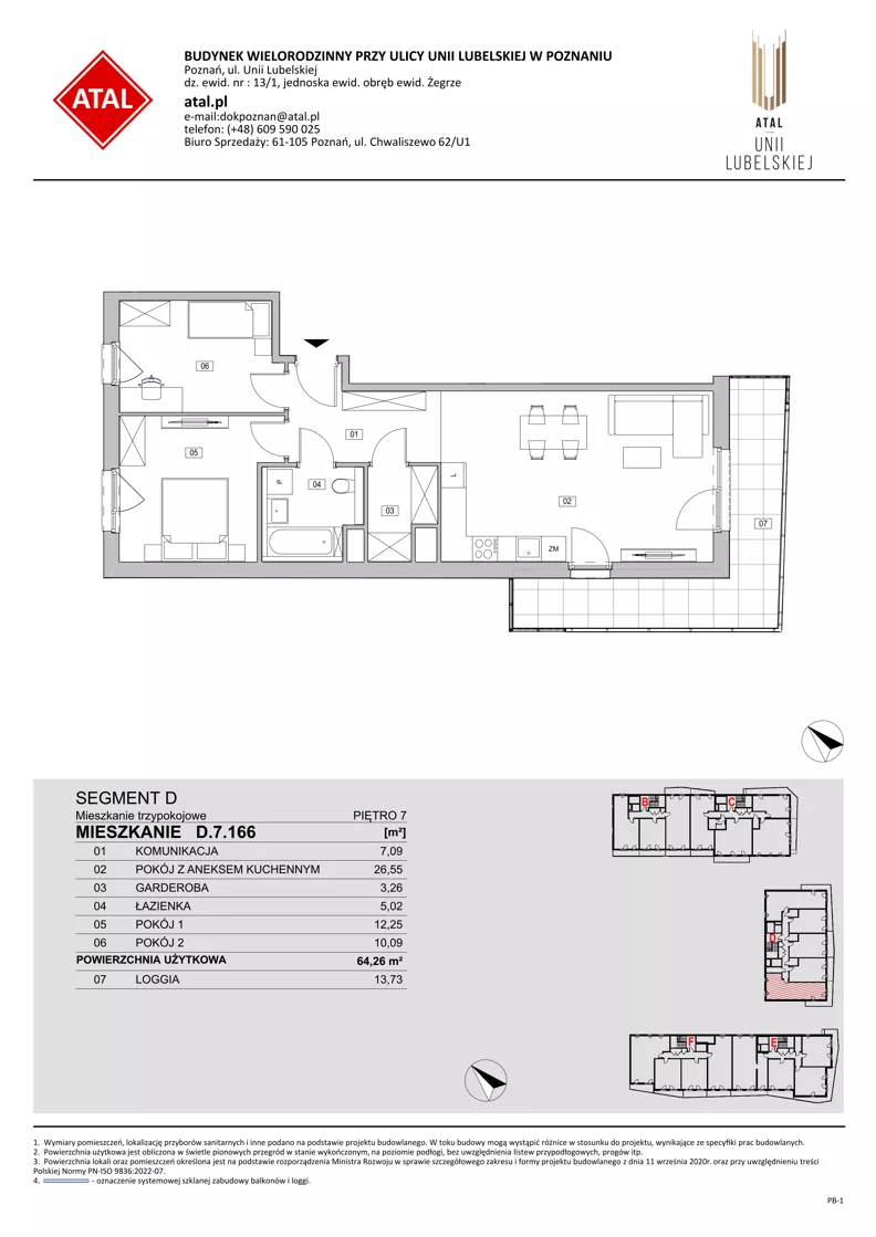 3 pokoje, mieszkanie 64,26 m², piętro 7, oferta nr D.7.166, ATAL Unii Lubelskiej, Poznań, Rataje, Starołęka, ul. Heleny Tadeuszak