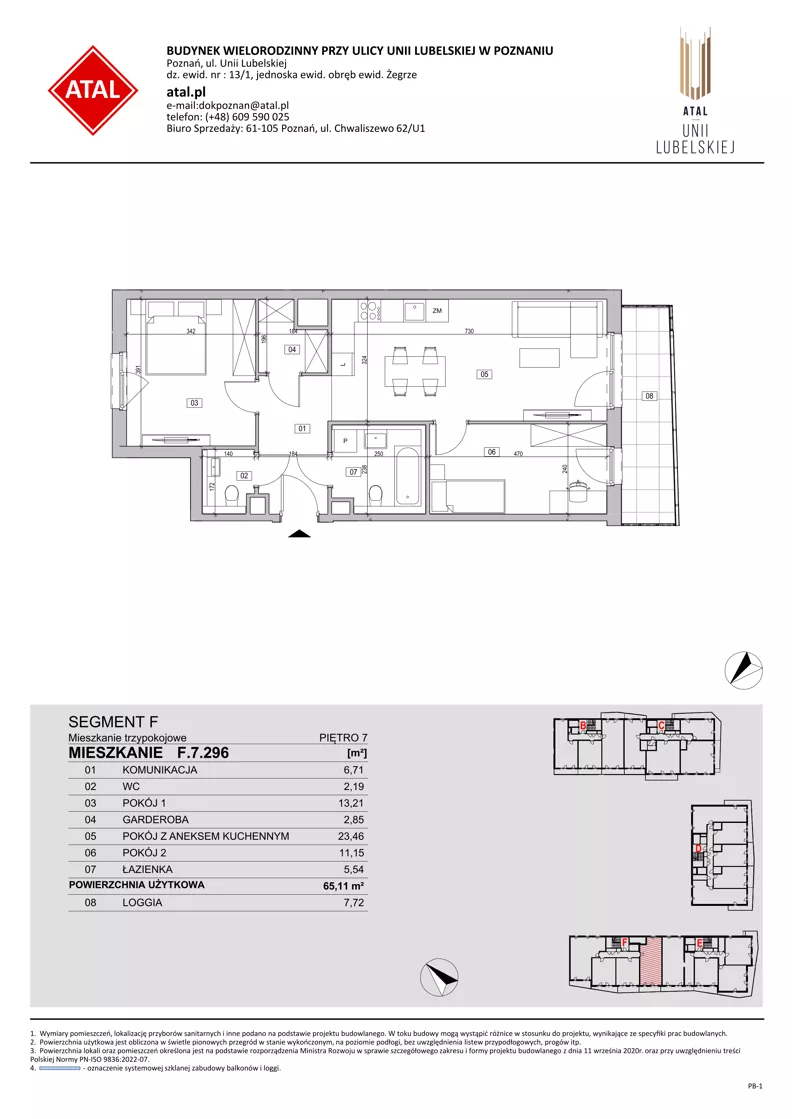 3 pokoje, mieszkanie 65,11 m², piętro 7, oferta nr F.7.296, ATAL Unii Lubelskiej, Poznań, Rataje, Starołęka, ul. Heleny Tadeuszak