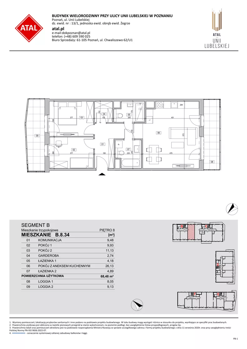 3 pokoje, mieszkanie 68,48 m², piętro 8, oferta nr B.8.34, ATAL Unii Lubelskiej, Poznań, Rataje, Starołęka, ul. Heleny Tadeuszak