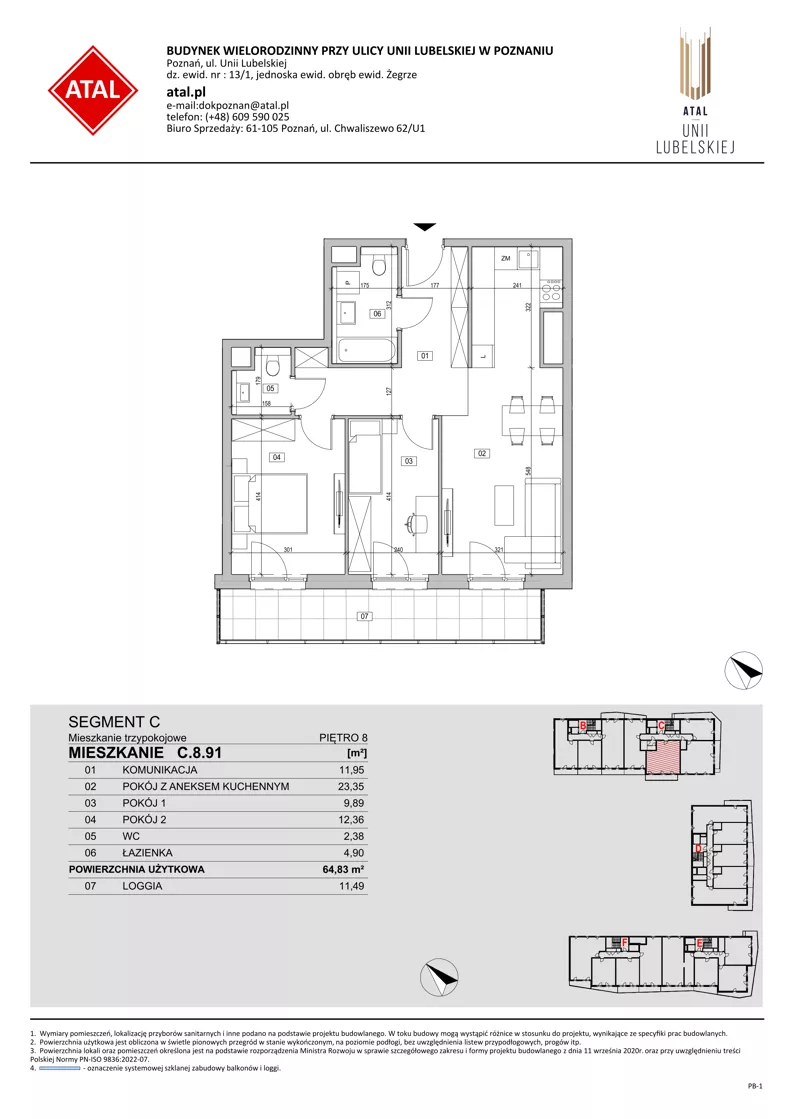 3 pokoje, mieszkanie 64,83 m², piętro 8, oferta nr C.8.91, ATAL Unii Lubelskiej, Poznań, Rataje, Starołęka, ul. Heleny Tadeuszak