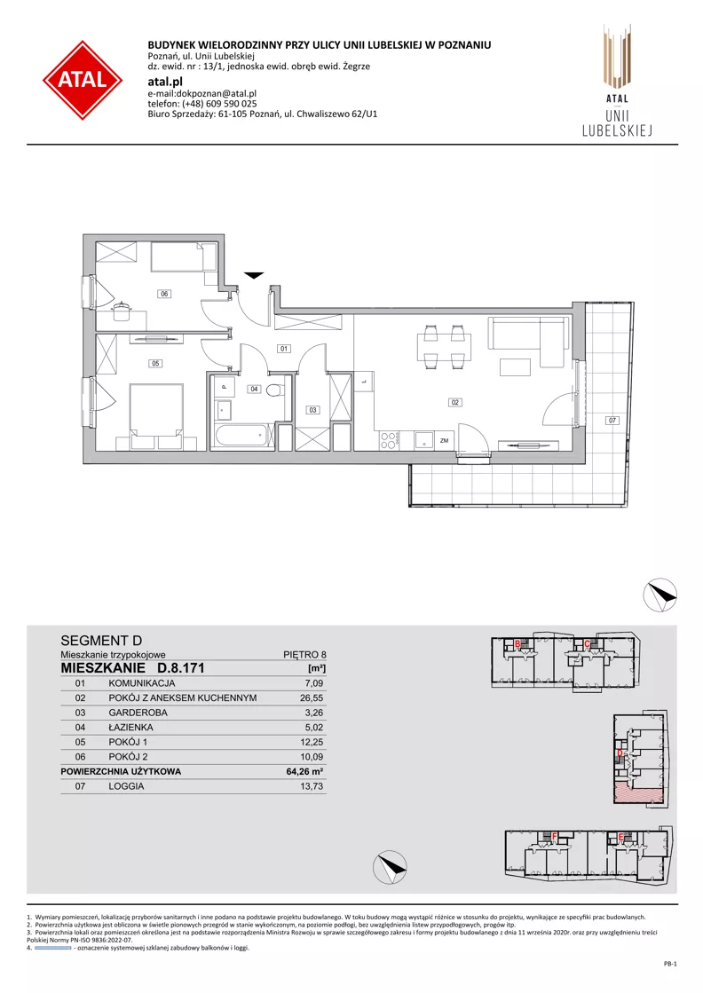 3 pokoje, mieszkanie 64,26 m², piętro 8, oferta nr D.8.171, ATAL Unii Lubelskiej, Poznań, Rataje, Starołęka, ul. Heleny Tadeuszak