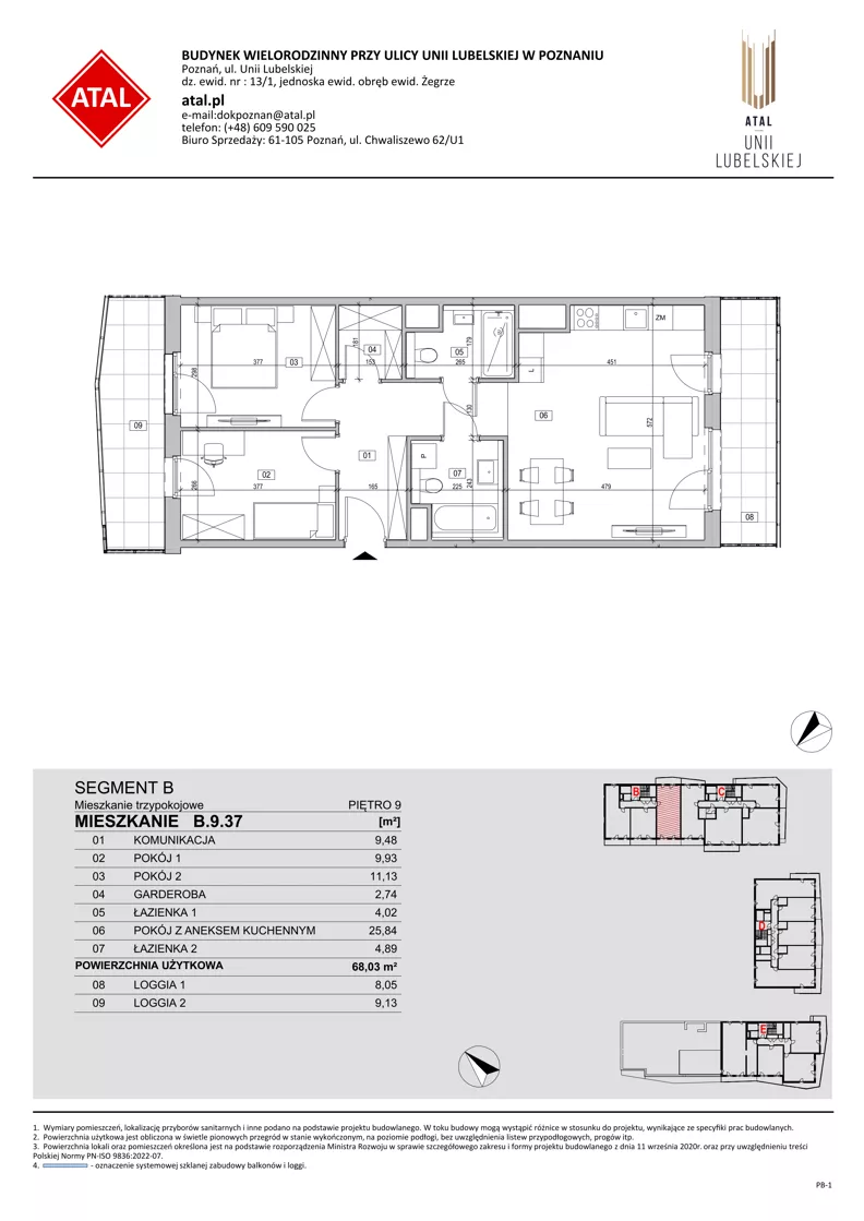 3 pokoje, mieszkanie 68,03 m², piętro 9, oferta nr B.9.37, ATAL Unii Lubelskiej, Poznań, Rataje, Starołęka, ul. Heleny Tadeuszak