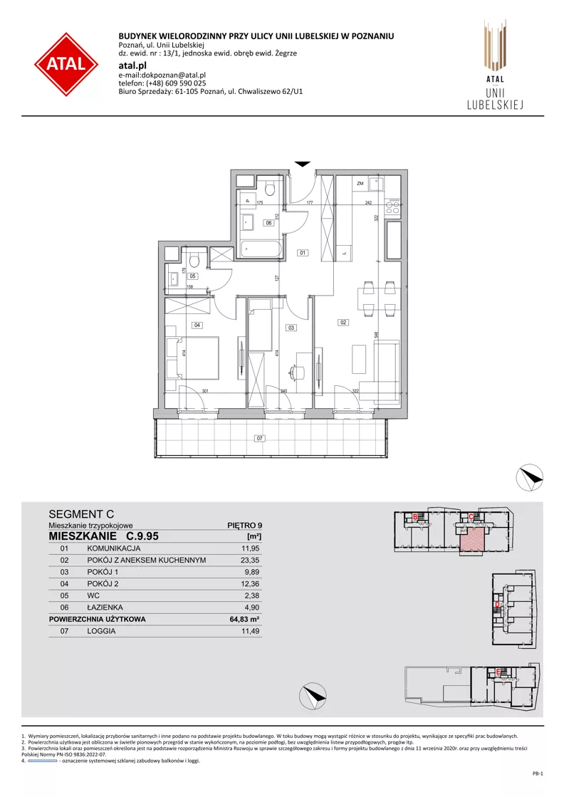 3 pokoje, mieszkanie 64,83 m², piętro 9, oferta nr C.9.95, ATAL Unii Lubelskiej, Poznań, Rataje, Starołęka, ul. Heleny Tadeuszak