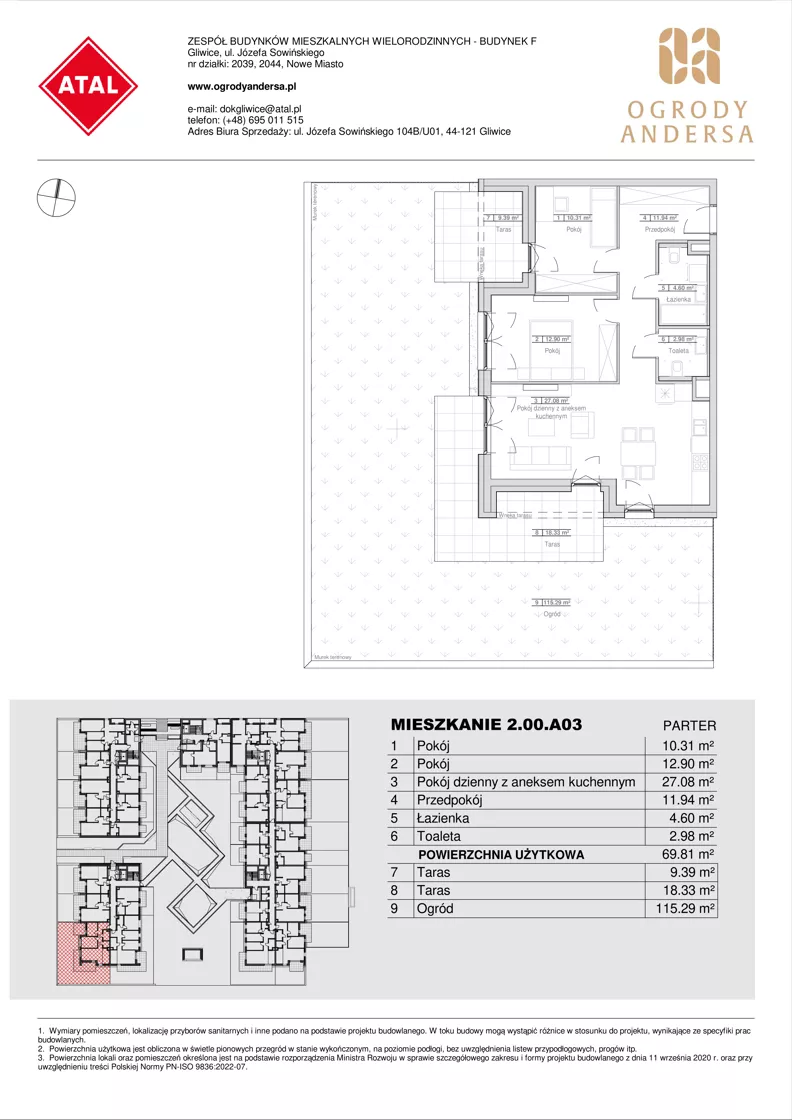 3 pokoje, mieszkanie 69,81 m², parter, oferta nr 2.00.A03, Ogrody Andersa IV, Gliwice, Wojska Polskiego, ul. J. Sowińskiego
