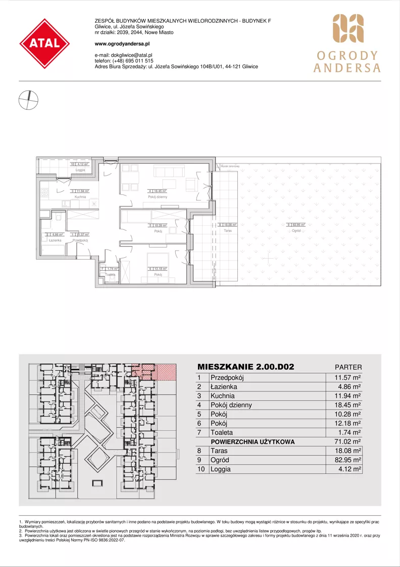 3 pokoje, mieszkanie 71,02 m², parter, oferta nr 2.00.D02, Ogrody Andersa IV, Gliwice, Wojska Polskiego, ul. J. Sowińskiego