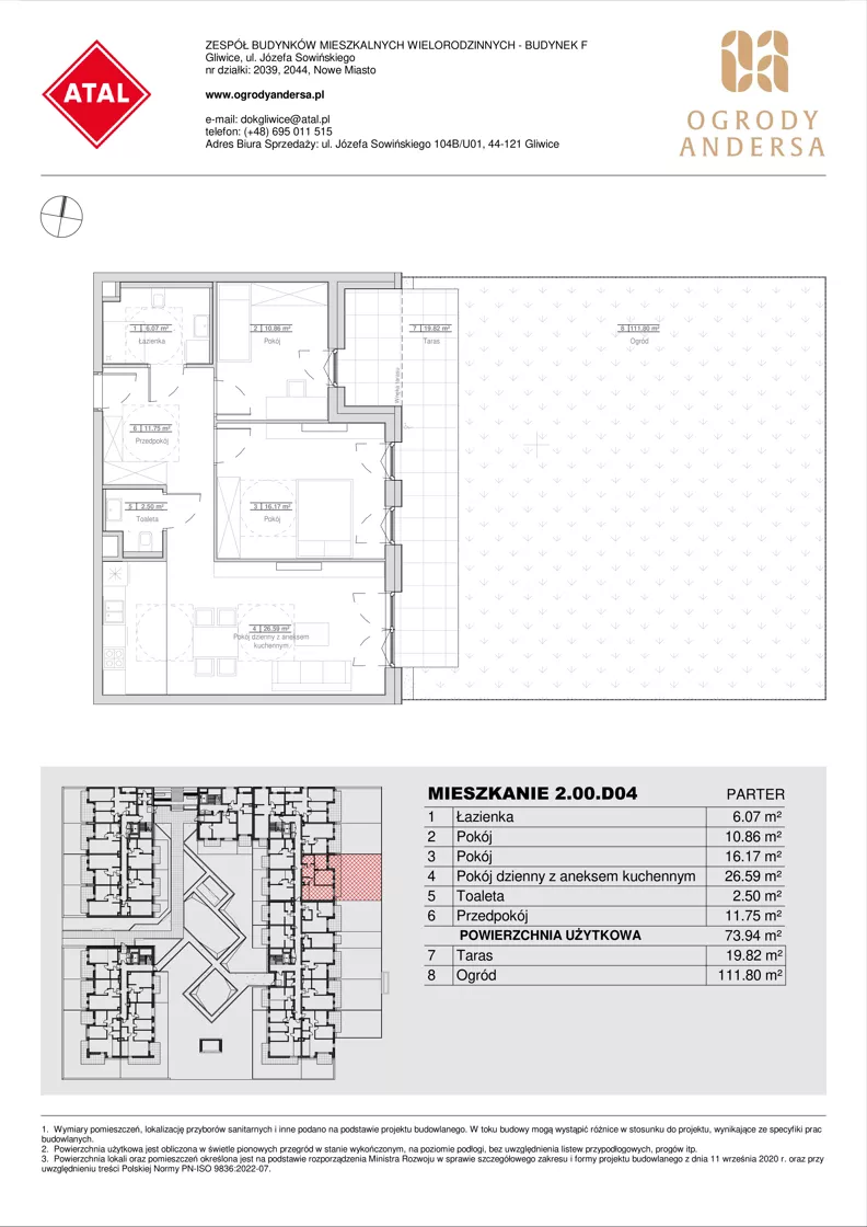 3 pokoje, mieszkanie 73,94 m², parter, oferta nr 2.00.D04, Ogrody Andersa IV, Gliwice, Wojska Polskiego, ul. J. Sowińskiego