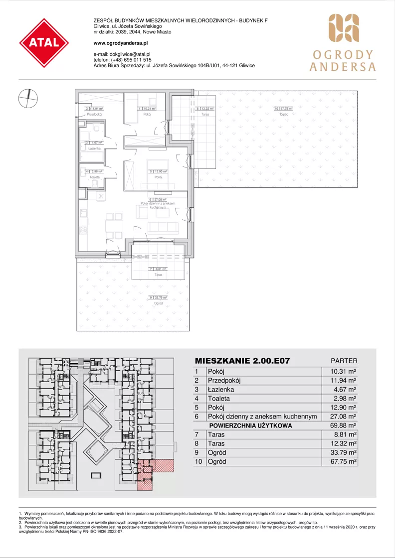 3 pokoje, mieszkanie 69,88 m², parter, oferta nr 2.00.E07, Ogrody Andersa IV, Gliwice, Wojska Polskiego, ul. J. Sowińskiego