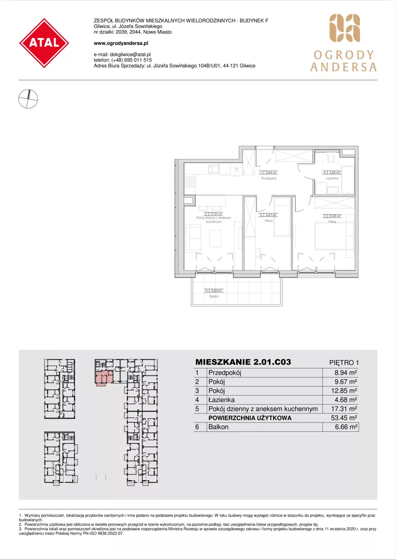 3 pokoje, mieszkanie 53,45 m², piętro 1, oferta nr 2.01.C03, Ogrody Andersa IV, Gliwice, Wojska Polskiego, ul. J. Sowińskiego