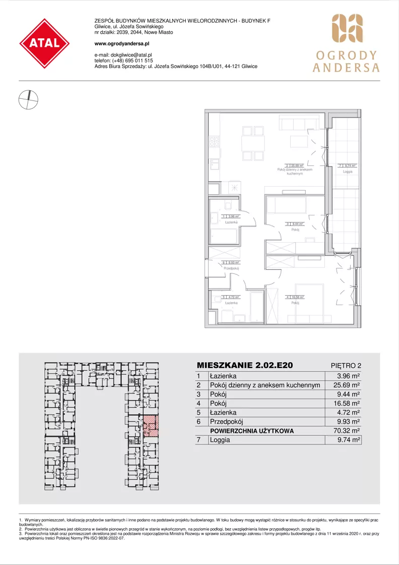 3 pokoje, mieszkanie 70,32 m², piętro 2, oferta nr 2.02.E20, Ogrody Andersa IV, Gliwice, Wojska Polskiego, ul. J. Sowińskiego