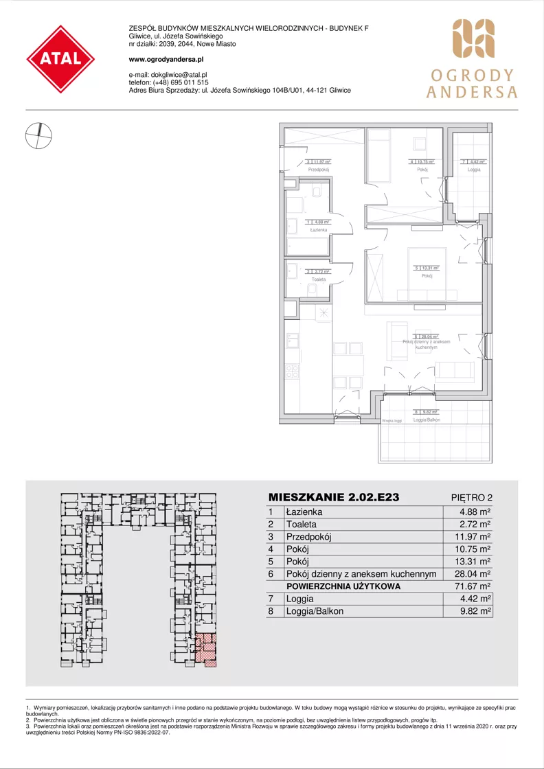 3 pokoje, mieszkanie 71,67 m², piętro 2, oferta nr 2.02.E23, Ogrody Andersa IV, Gliwice, Wojska Polskiego, ul. J. Sowińskiego