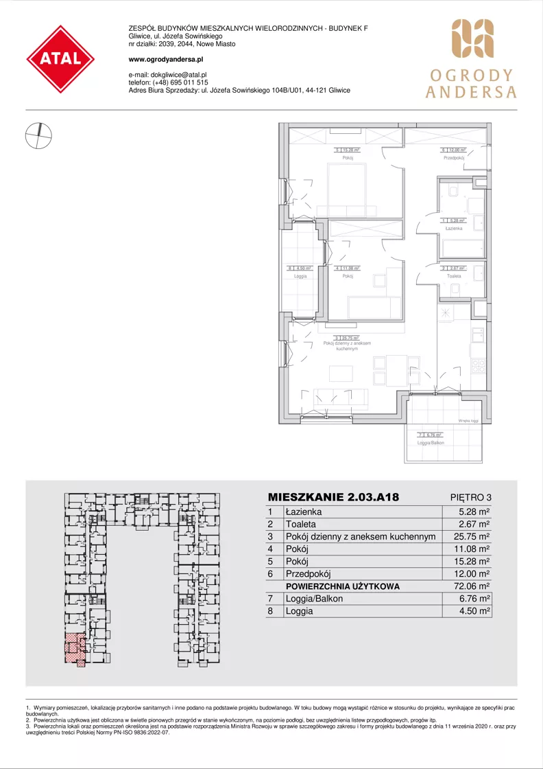3 pokoje, mieszkanie 72,06 m², piętro 3, oferta nr 2.03.A18, Ogrody Andersa IV, Gliwice, Wojska Polskiego, ul. J. Sowińskiego
