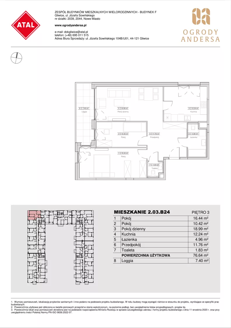 3 pokoje, mieszkanie 76,64 m², piętro 3, oferta nr 2.03.B24, Ogrody Andersa IV, Gliwice, Wojska Polskiego, ul. J. Sowińskiego