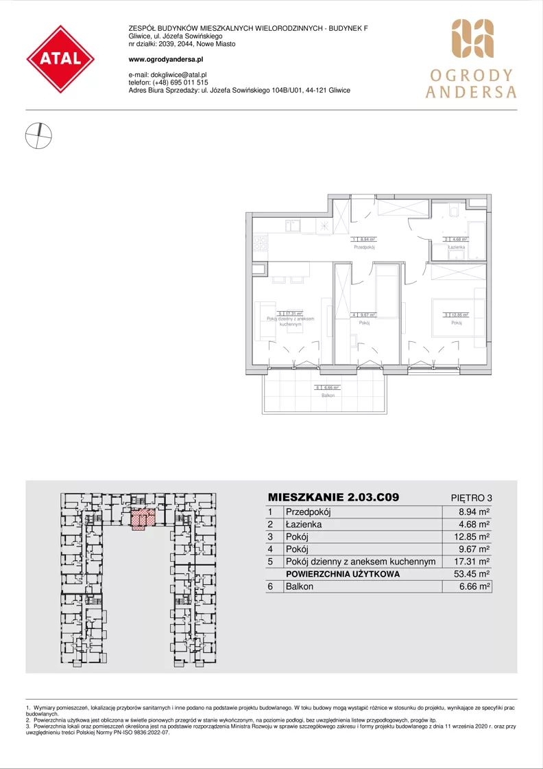 3 pokoje, mieszkanie 53,45 m², piętro 3, oferta nr 2.03.C09, Ogrody Andersa IV, Gliwice, Wojska Polskiego, ul. J. Sowińskiego