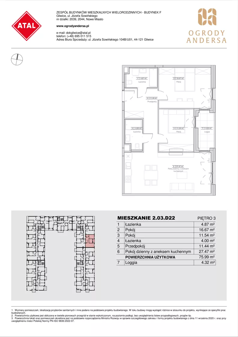 3 pokoje, mieszkanie 75,99 m², piętro 3, oferta nr 2.03.D22, Ogrody Andersa IV, Gliwice, Wojska Polskiego, ul. J. Sowińskiego