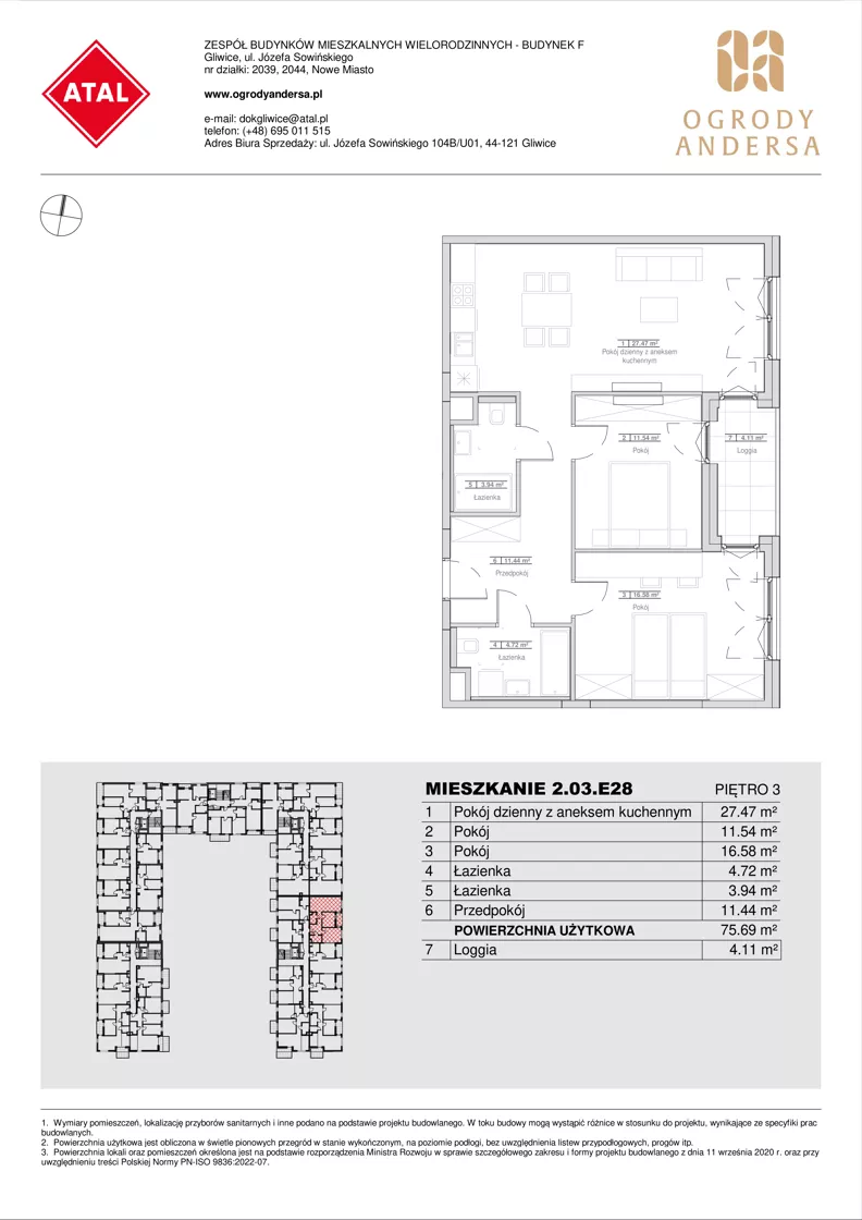 3 pokoje, mieszkanie 75,69 m², piętro 3, oferta nr 2.03.E28, Ogrody Andersa IV, Gliwice, Wojska Polskiego, ul. J. Sowińskiego