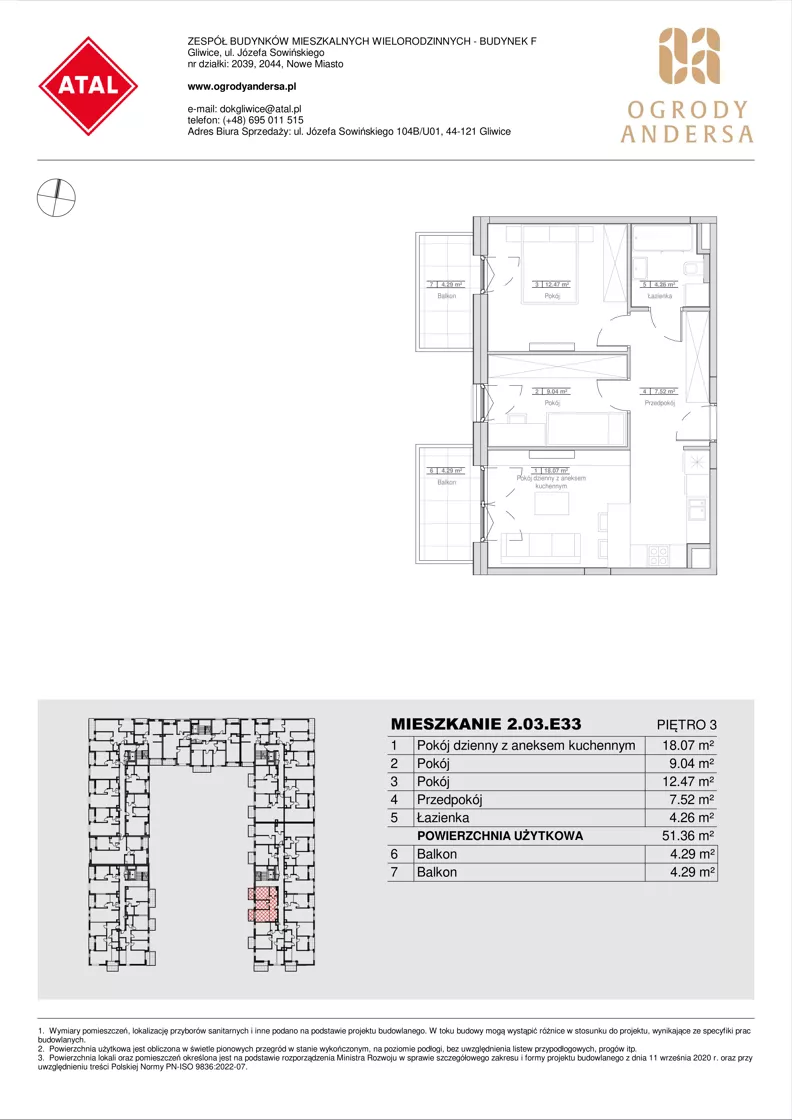 3 pokoje, mieszkanie 51,36 m², piętro 3, oferta nr 2.03.E33, Ogrody Andersa IV, Gliwice, Wojska Polskiego, ul. J. Sowińskiego