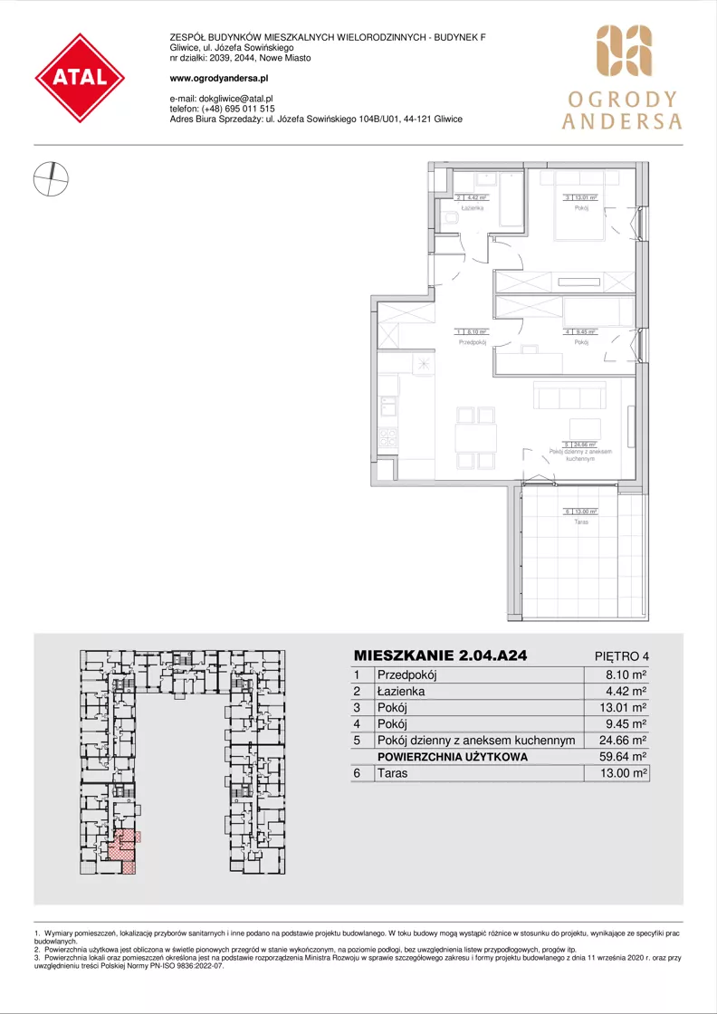 3 pokoje, mieszkanie 59,64 m², piętro 4, oferta nr 2.04.A24, Ogrody Andersa IV, Gliwice, Wojska Polskiego, ul. J. Sowińskiego
