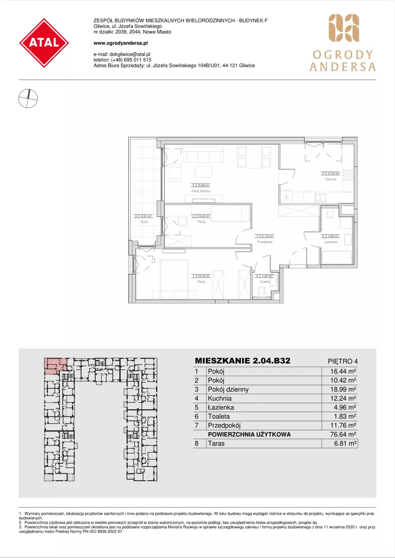 3 pokoje, mieszkanie 76,64 m², piętro 4, oferta nr 2.04.B32, Ogrody Andersa IV, Gliwice, Wojska Polskiego, ul. J. Sowińskiego
