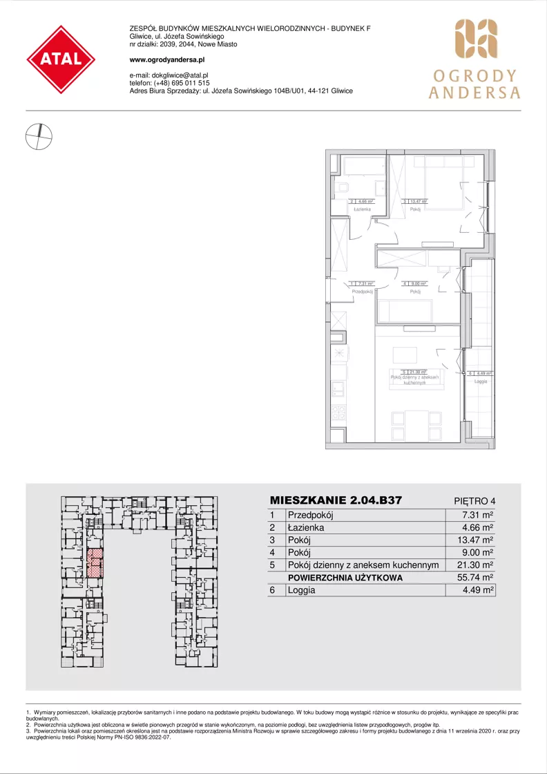 3 pokoje, mieszkanie 55,74 m², piętro 4, oferta nr 2.04.B37, Ogrody Andersa IV, Gliwice, Wojska Polskiego, ul. J. Sowińskiego