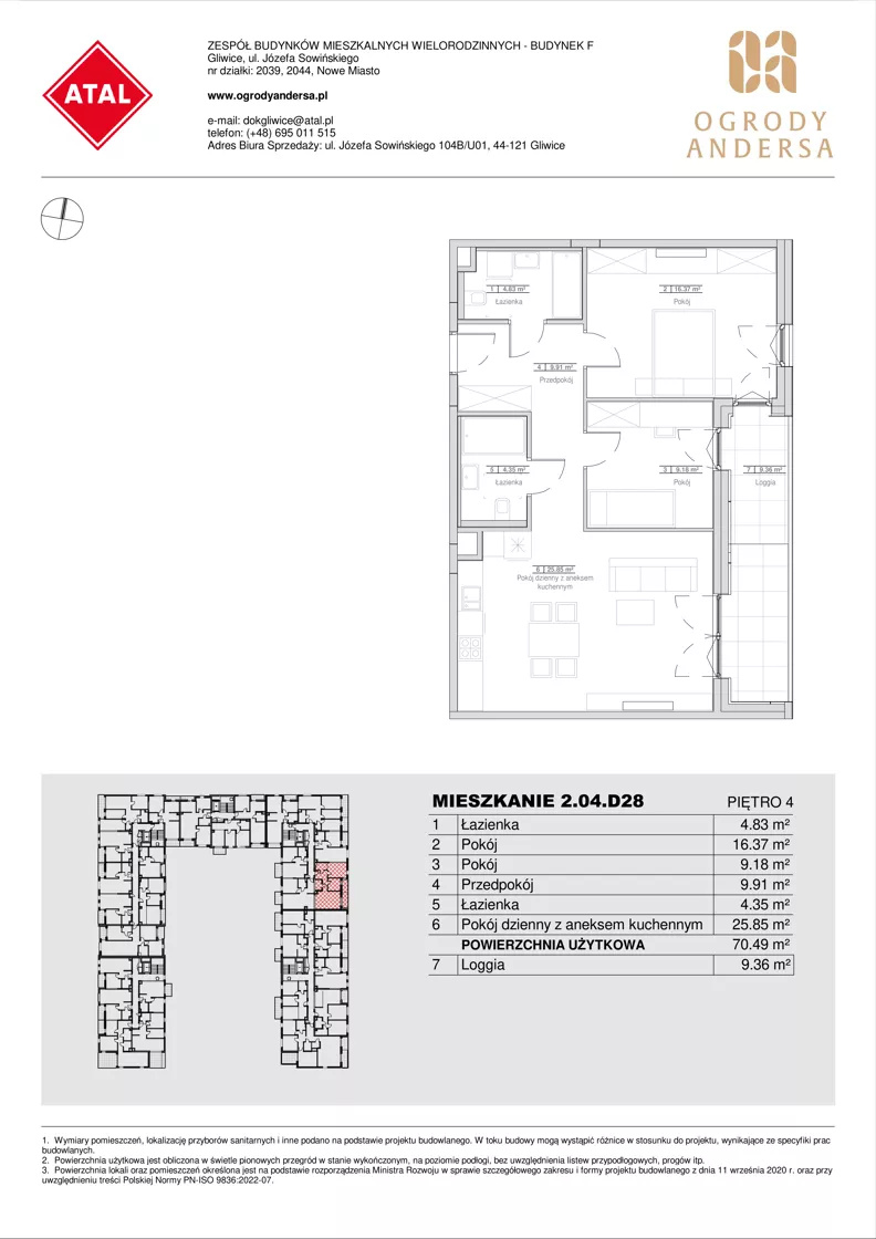 3 pokoje, mieszkanie 70,49 m², piętro 4, oferta nr 2.04.D28, Ogrody Andersa IV, Gliwice, Wojska Polskiego, ul. J. Sowińskiego