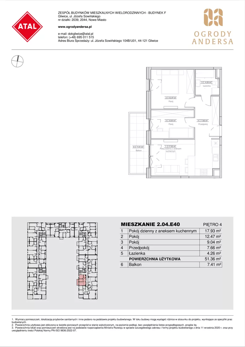 3 pokoje, mieszkanie 51,36 m², piętro 4, oferta nr 2.04.E40, Ogrody Andersa IV, Gliwice, Wojska Polskiego, ul. J. Sowińskiego
