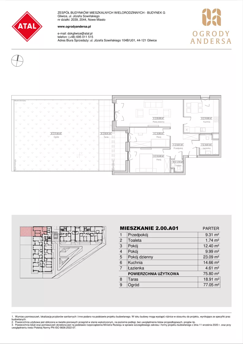 3 pokoje, mieszkanie 75,80 m², parter, oferta nr 3.00.A01, Ogrody Andersa IV, Gliwice, Wojska Polskiego, ul. J. Sowińskiego